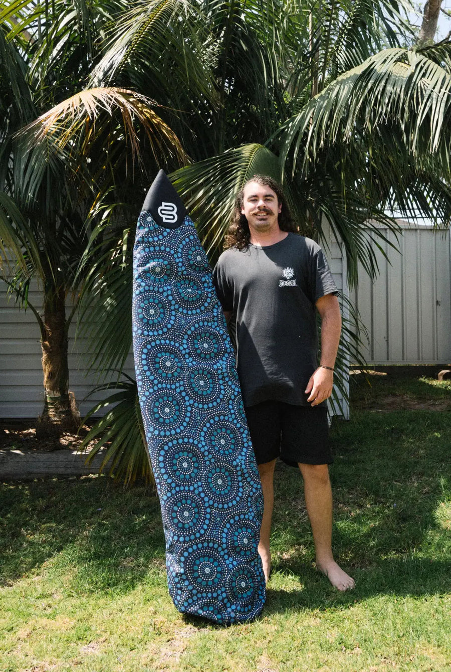 Bombora longboard cover with drawstring closure drawn snug