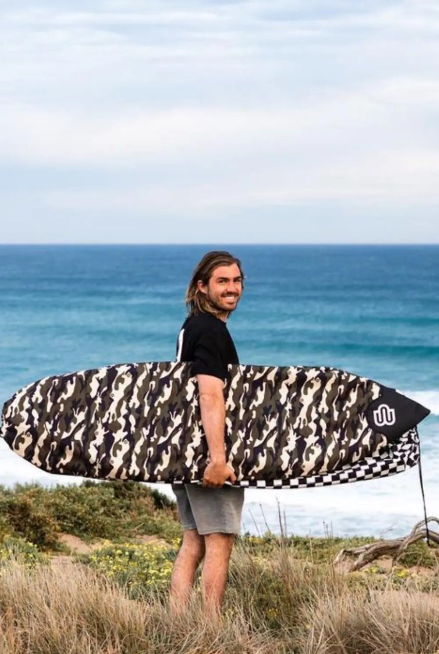 Camo canvas fish and funboard cover, fits boards up to 23in wide