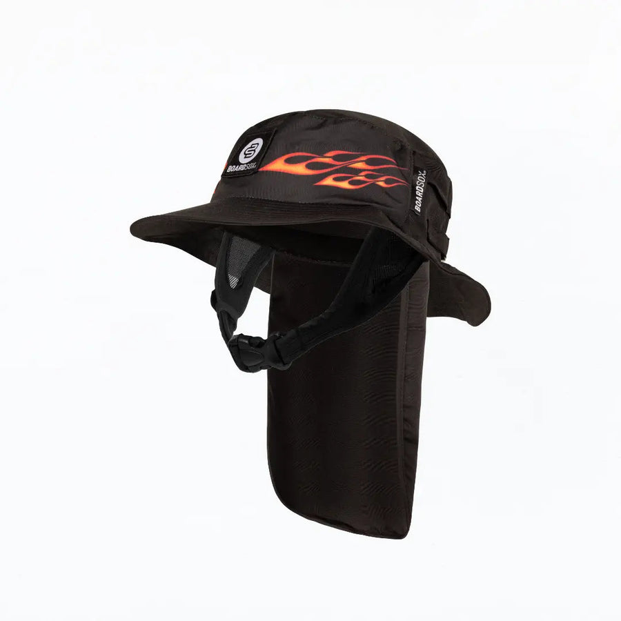 Flames Boardsox surf hat in black with an orange flame print